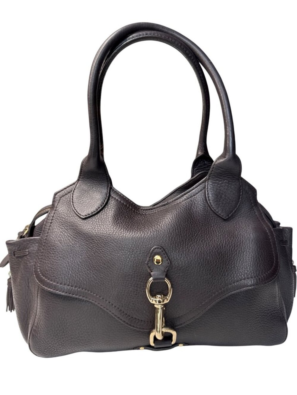 Cole Haan Pebbled Leather Satchel Purse With Tassels & Gold Hardware - Chocolate